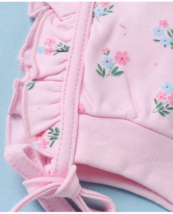 Babyhug 100% Cotton Interlock Solid Knit Cap Mittens & Booties With Floral Print Pack of 2 Pink - Diameter 15 cm