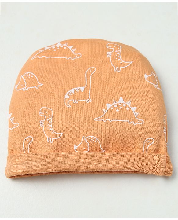 Babyhug 100% Cotton Interlock Knit Solid Cap Mittens & Booties With Animal Print Peach - Diameter 14 cm