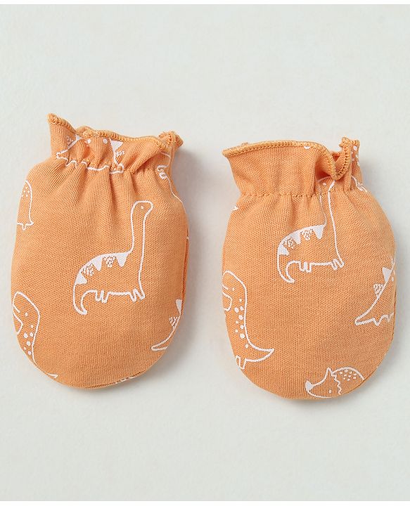 Babyhug 100% Cotton Interlock Knit Solid Cap Mittens & Booties With Animal Print Peach - Diameter 14 cm