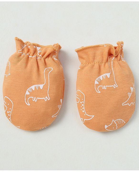 Babyhug 100% Cotton Interlock Knit Solid Cap Mittens & Booties With Animal Print Peach - Diameter 14 cm