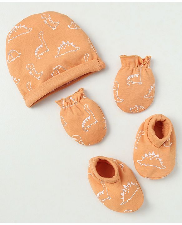 Babyhug 100% Cotton Interlock Knit Solid Cap Mittens & Booties With Animal Print Peach - Diameter 14 cm