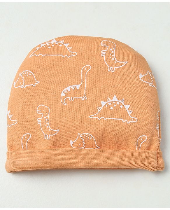 Babyhug 100% Cotton Interlock Knit Solid Cap Mittens & Booties With Animal Print Peach - Diameter 14 cm