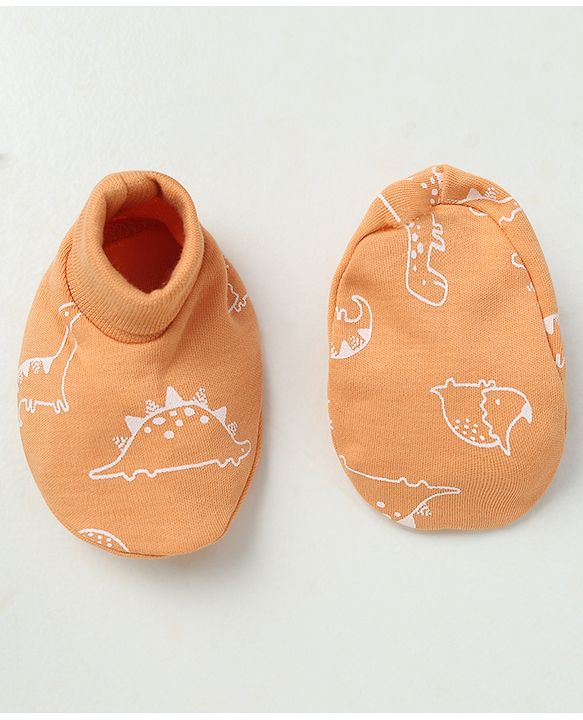 Babyhug 100% Cotton Interlock Knit Solid Cap Mittens & Booties With Animal Print Peach - Diameter 14 cm