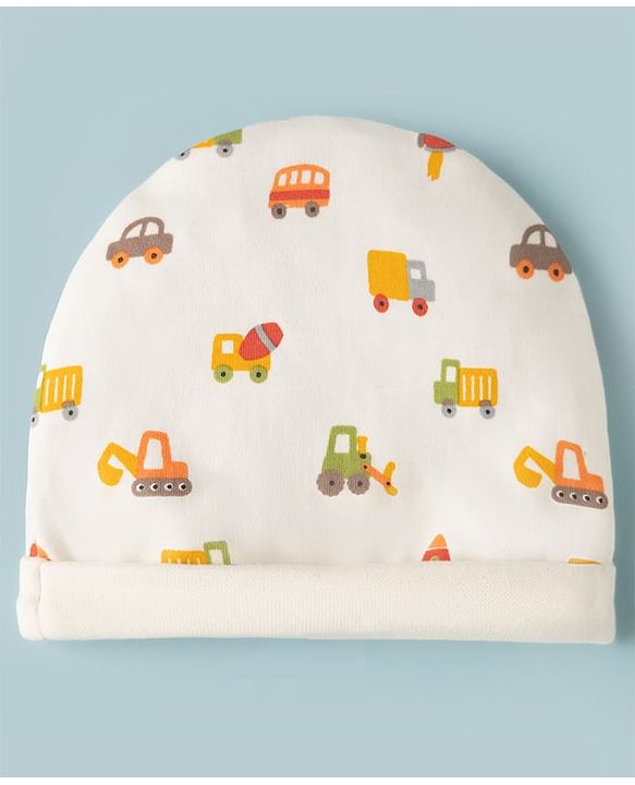 Babyhug 100% Cotton Interlock Knit Cap Mittens & Booties with Vehicle Print White - Diameter 15 cm