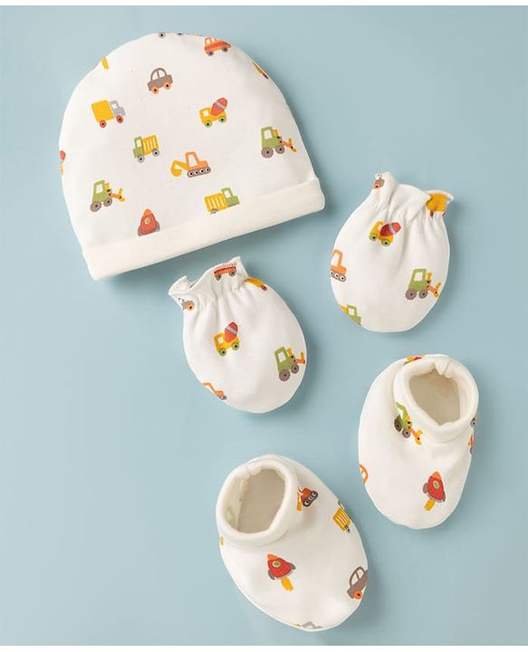 Babyhug 100% Cotton Interlock Knit Cap Mittens & Booties with Vehicle Print White - Diameter 15 cm