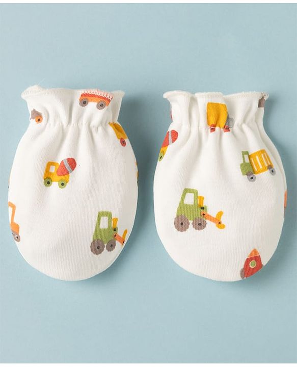 Babyhug 100% Cotton Interlock Knit Cap Mittens & Booties with Vehicle Print White - Diameter 15 cm
