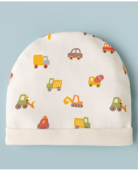 Babyhug 100% Cotton Interlock Knit Cap Mittens & Booties with Vehicle Print White - Diameter 15 cm