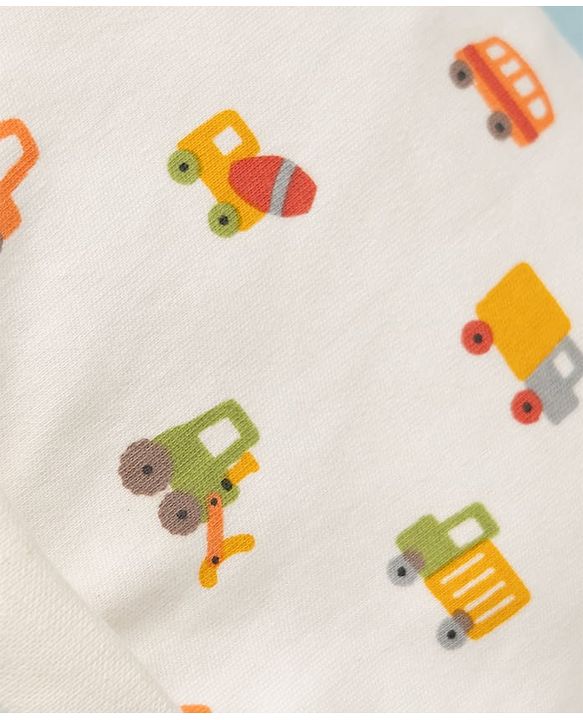 Babyhug 100% Cotton Interlock Knit Cap Mittens & Booties with Vehicle Print White - Diameter 15 cm