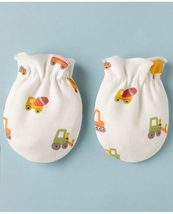 Babyhug 100% Cotton Interlock Knit Cap Mittens & Booties with Vehicle Print White - Diameter 15 cm