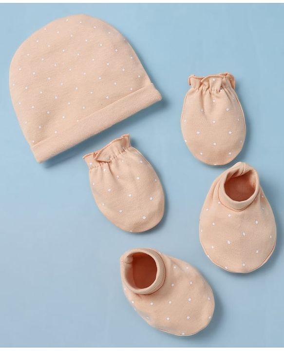 Babyhug 100% Cotton Interlock Knit Cap Mittens & Booties With Polka Dot Print Peach - Diameter 14 cm