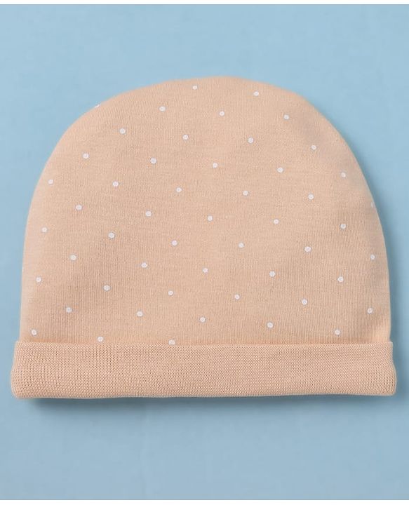 Babyhug 100% Cotton Interlock Knit Cap Mittens & Booties With Polka Dot Print Peach - Diameter 14 cm