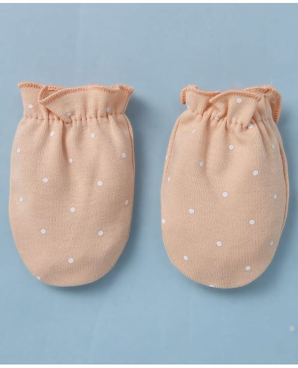 Babyhug 100% Cotton Interlock Knit Cap Mittens & Booties With Polka Dot Print Peach - Diameter 14 cm