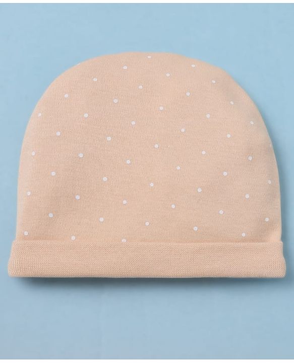 Babyhug 100% Cotton Interlock Knit Cap Mittens & Booties With Polka Dot Print Peach - Diameter 14 cm