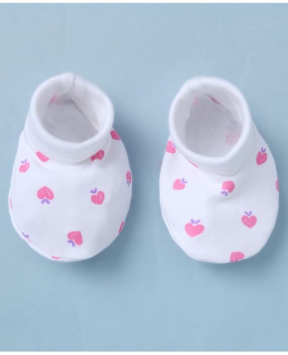 Babyhug 100% Cotton Interlock Knit Mittens & Booties With Strawberry Print - White