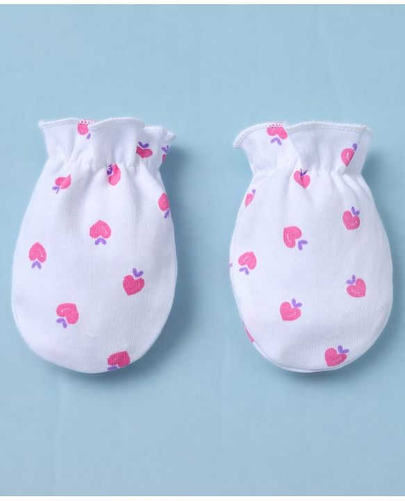 Babyhug 100% Cotton Interlock Knit Mittens & Booties With Strawberry Print - White