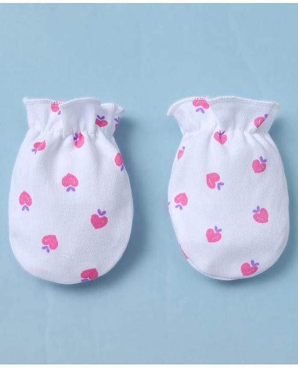 Babyhug 100% Cotton Interlock Knit Mittens & Booties With Strawberry Print - White