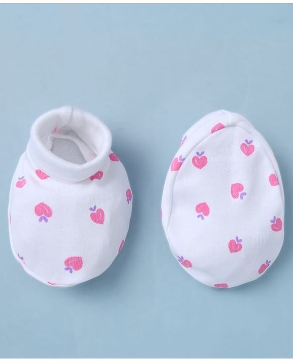 Babyhug 100% Cotton Interlock Knit Mittens & Booties With Strawberry Print - White