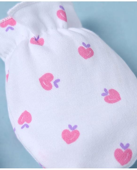 Babyhug 100% Cotton Interlock Knit Mittens & Booties With Strawberry Print - White