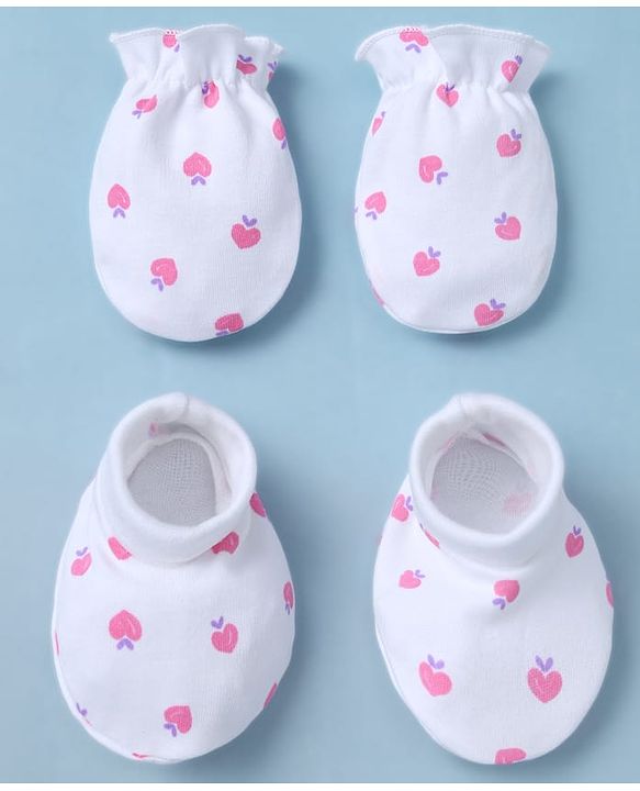 Babyhug 100% Cotton Interlock Knit Mittens & Booties With Strawberry Print - White