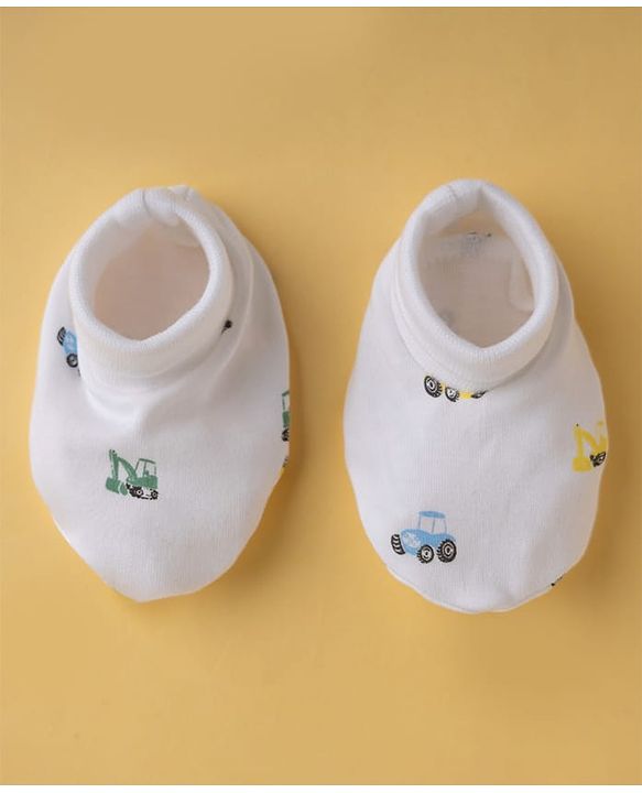 Babyhug 100% Cotton Interlock Knit Vehicle Printed Mittens & Booties - White