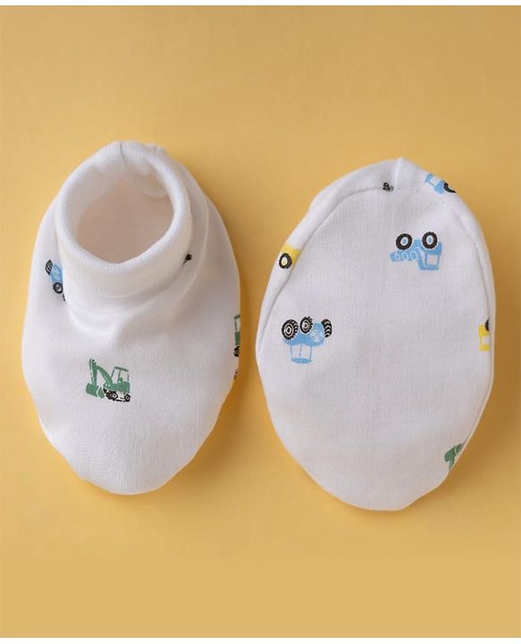 Babyhug 100% Cotton Interlock Knit Vehicle Printed Mittens & Booties - White