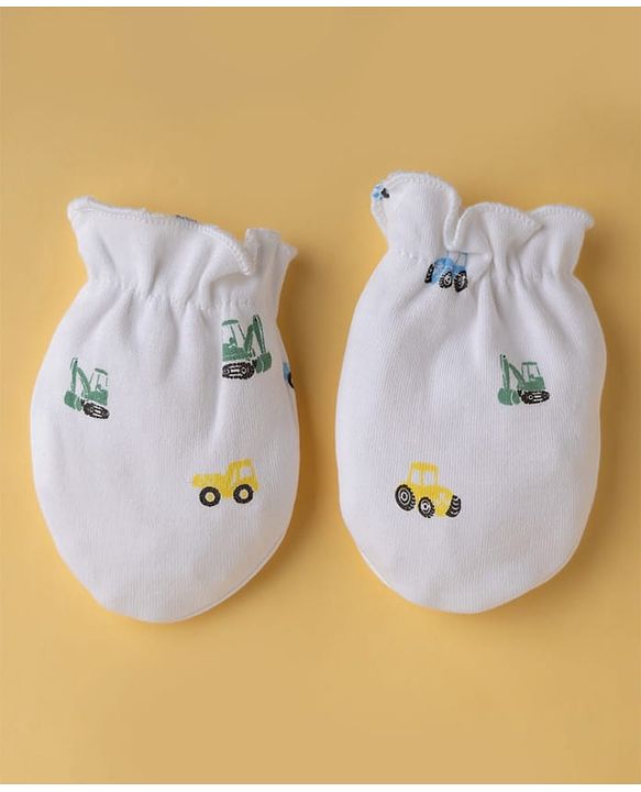 Babyhug 100% Cotton Interlock Knit Vehicle Printed Mittens & Booties - White