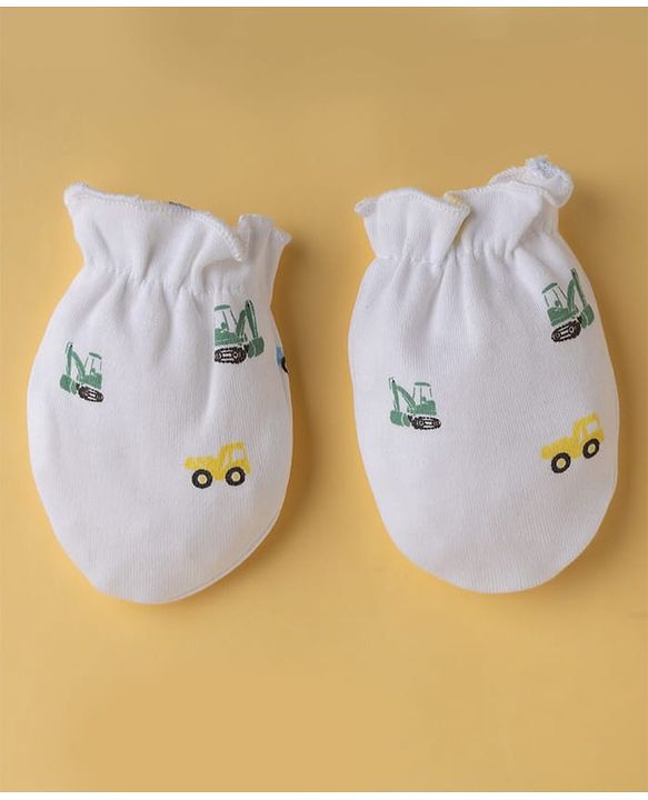 Babyhug 100% Cotton Interlock Knit Vehicle Printed Mittens & Booties - White