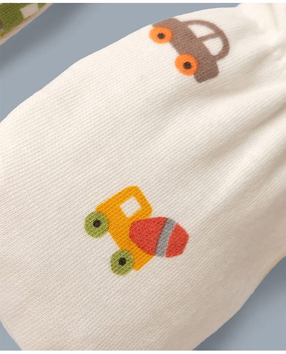 Babyhug 100% Cotton Interlock Knit Mittens & Booties with Vehicle Print - White