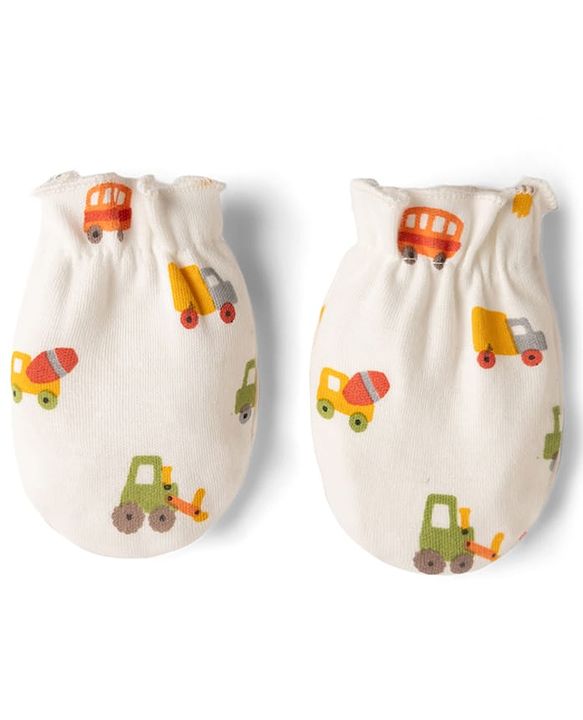 Babyhug 100% Cotton Interlock Knit Mittens & Booties with Vehicle Print - White