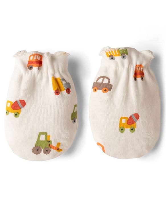 Babyhug 100% Cotton Interlock Knit Mittens & Booties with Vehicle Print - White