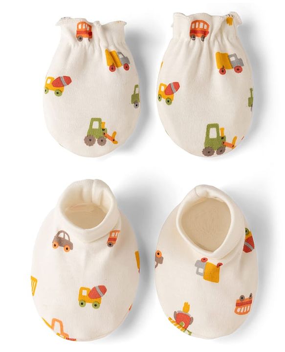 Babyhug 100% Cotton Interlock Knit Mittens & Booties with Vehicle Print - White