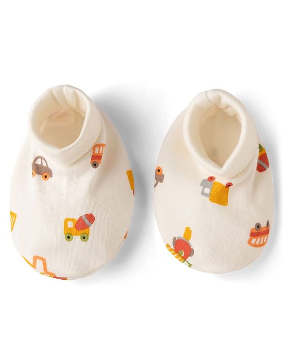 Babyhug 100% Cotton Interlock Knit Mittens & Booties with Vehicle Print - White