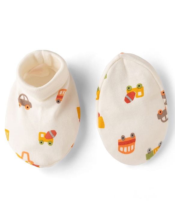 Babyhug 100% Cotton Interlock Knit Mittens & Booties with Vehicle Print - White