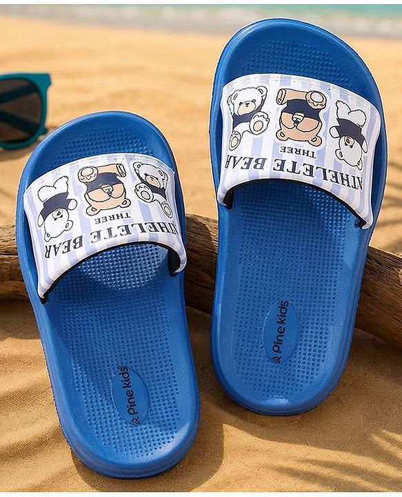 Pine Kids Slip On Sliders With Teddy Bear & Text Print - Blue