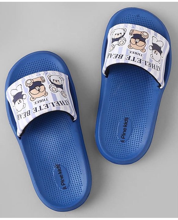 Pine Kids Slip On Sliders With Teddy Bear & Text Print - Blue