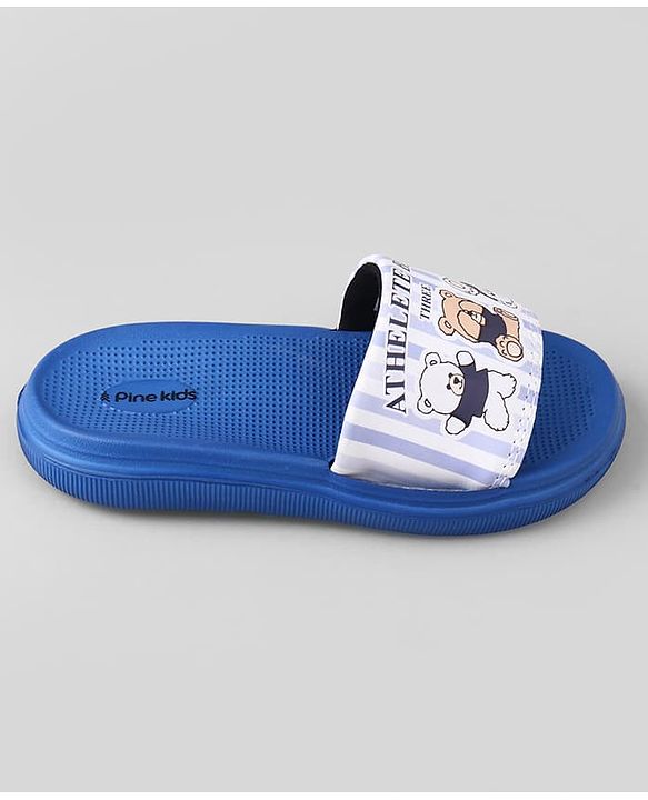 Pine Kids Slip On Sliders With Teddy Bear & Text Print - Blue