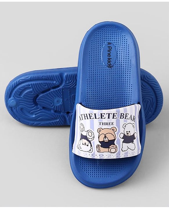 Pine Kids Slip On Sliders With Teddy Bear & Text Print - Blue