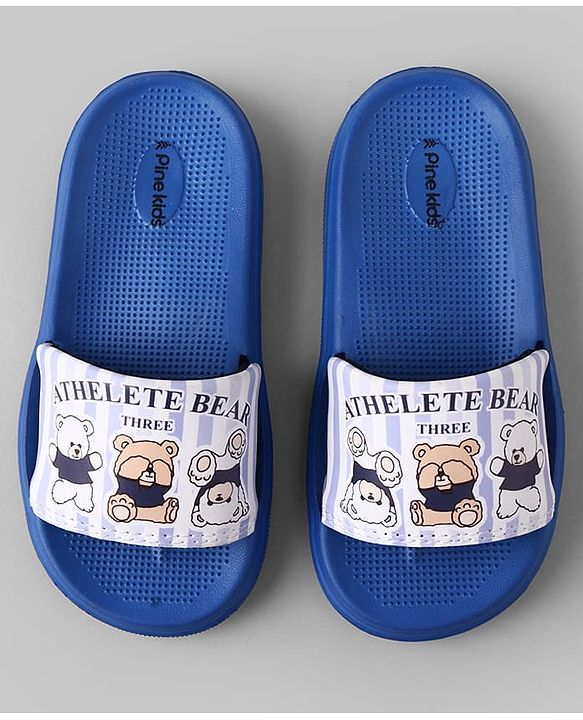 Pine Kids Slip On Sliders With Teddy Bear & Text Print - Blue