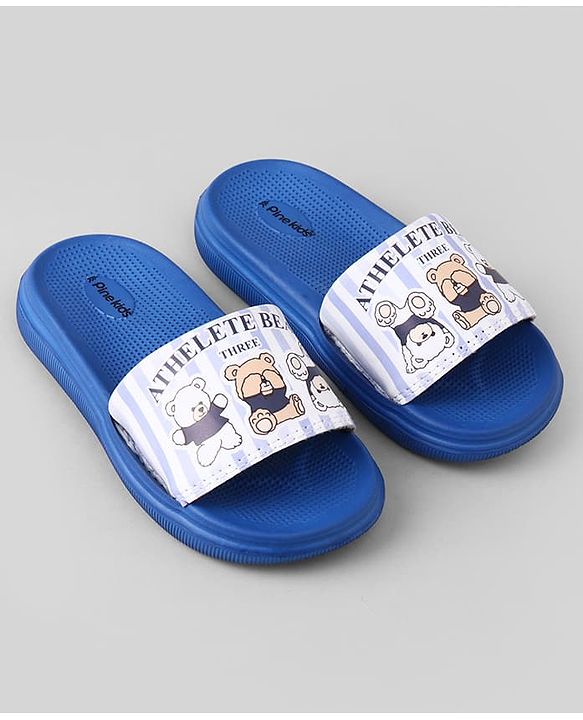 Pine Kids Slip On Sliders With Teddy Bear & Text Print - Blue
