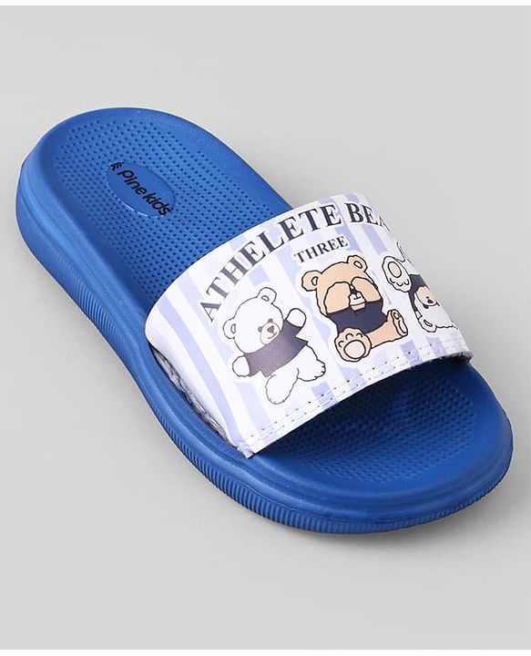 Pine Kids Slip On Sliders With Teddy Bear & Text Print - Blue