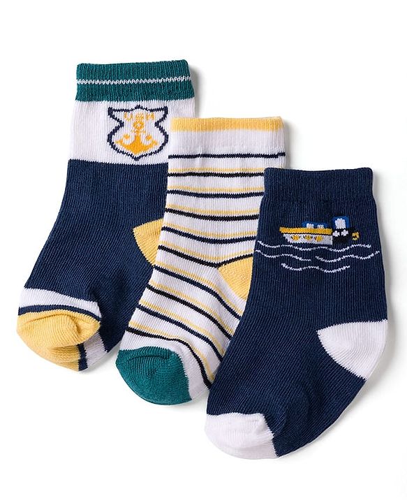 Cute Walk by Babyhug Knit Ankle Length Antibacterial Socks with Stripes & Boat Design Pack of 3 - Navy Blue