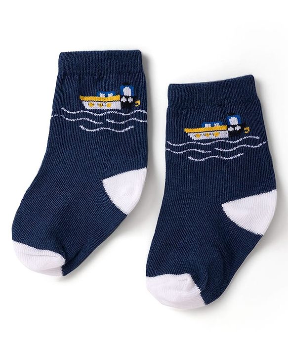 Cute Walk by Babyhug Knit Ankle Length Antibacterial Socks with Stripes & Boat Design Pack of 3 - Navy Blue