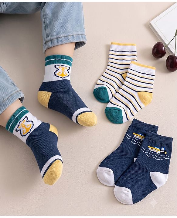Cute Walk by Babyhug Knit Ankle Length Antibacterial Socks with Stripes & Boat Design Pack of 3 - Navy Blue