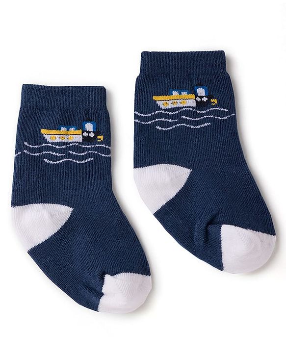 Cute Walk by Babyhug Knit Ankle Length Antibacterial Socks with Stripes & Boat Design Pack of 3 - Navy Blue