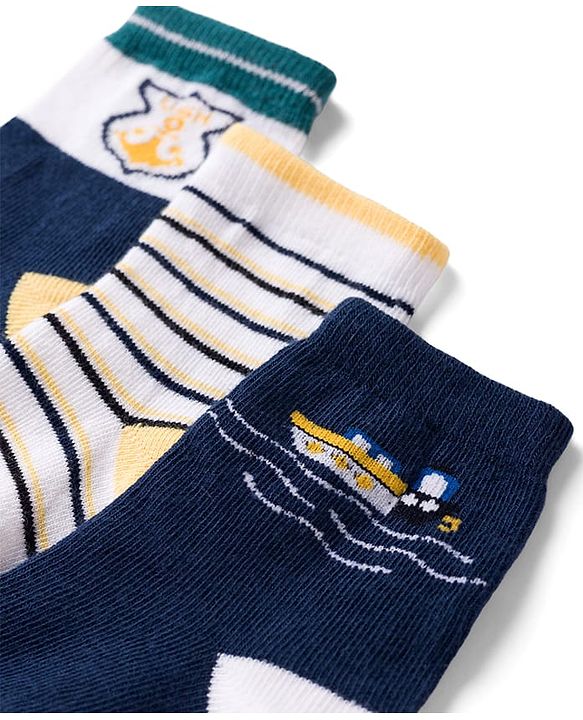 Cute Walk by Babyhug Knit Ankle Length Antibacterial Socks with Stripes & Boat Design Pack of 3 - Navy Blue