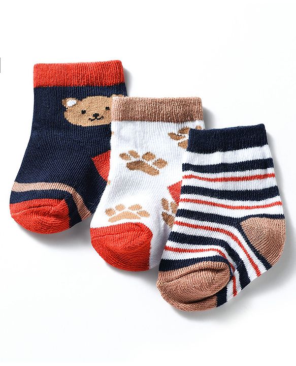 Cute Walk by Babyhug Knit Ankle Length Antibacterial Socks With Bear & Striped Design Pack Of 3 - Navy & White