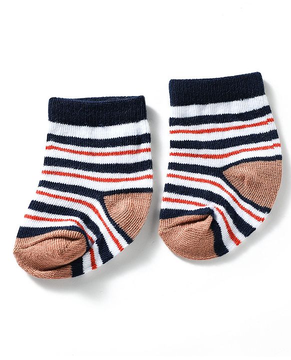 Cute Walk by Babyhug Knit Ankle Length Antibacterial Socks With Bear & Striped Design Pack Of 3 - Navy & White