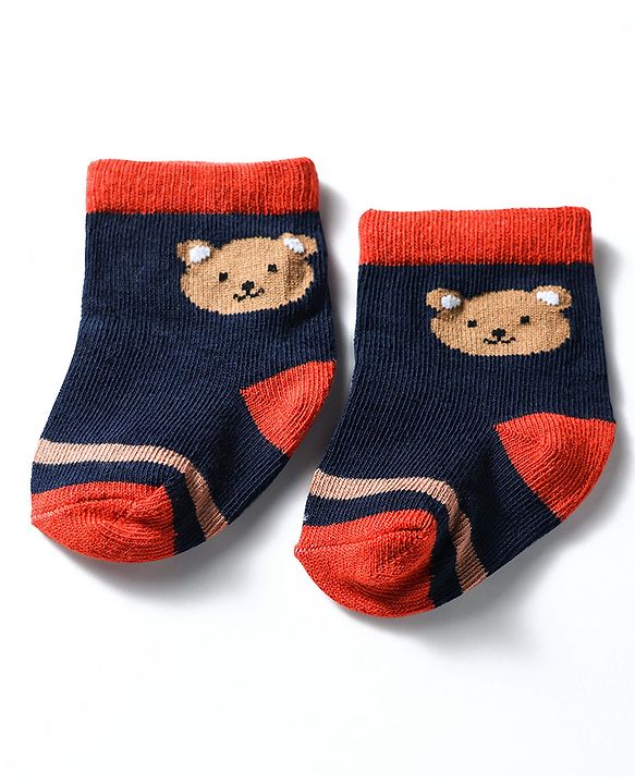 Cute Walk by Babyhug Knit Ankle Length Antibacterial Socks With Bear & Striped Design Pack Of 3 - Navy & White