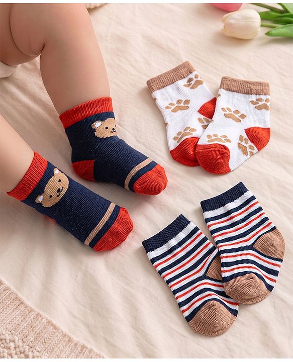 Cute Walk by Babyhug Knit Ankle Length Antibacterial Socks With Bear & Striped Design Pack Of 3 - Navy & White