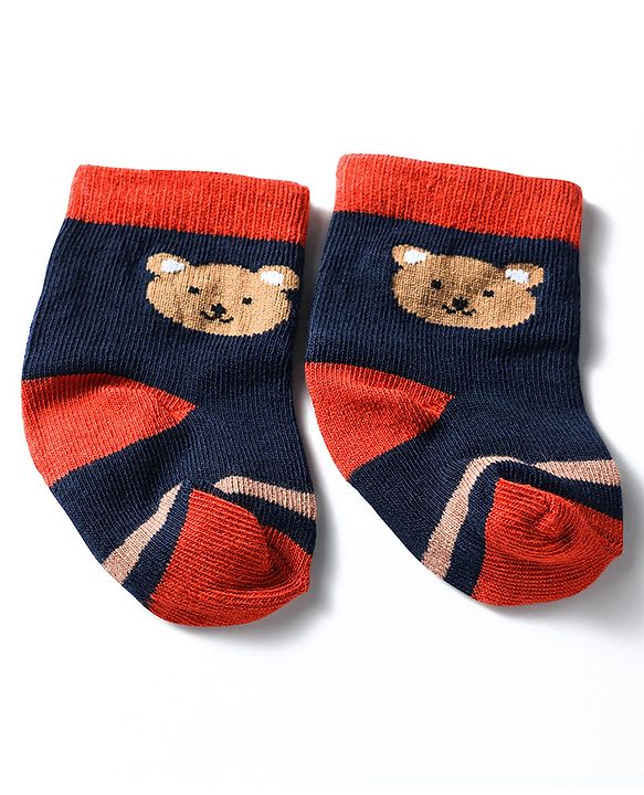 Cute Walk by Babyhug Knit Ankle Length Antibacterial Socks With Bear & Striped Design Pack Of 3 - Navy & White
